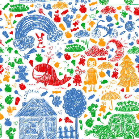 Kindergarten. Kids drawing style. Family. Mother, father, sister, brother. Boys and girls. Vector pattern.のイラスト素材