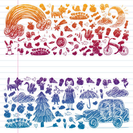 Kindergarten. Kids drawing style. Family. Mother, father, sister, brother. Boys and girls. Vector pattern.のイラスト素材