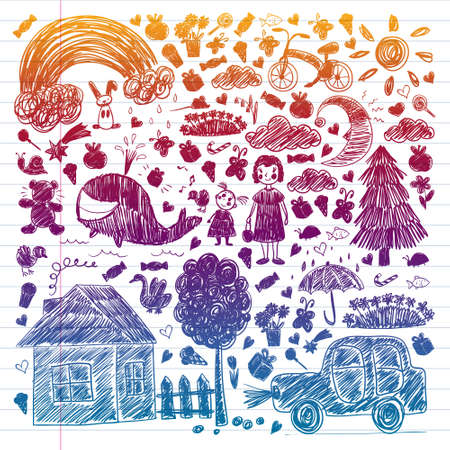 Kindergarten. Kids drawing style. Family. Mother, father, sister, brother. Boys and girls. Vector pattern.のイラスト素材