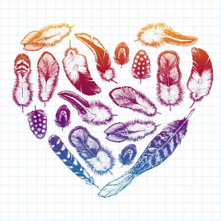 Set of ethnic feathers. Decoration design. Birds feathers, boho chic style. Tribal ornament pattern.のイラスト素材