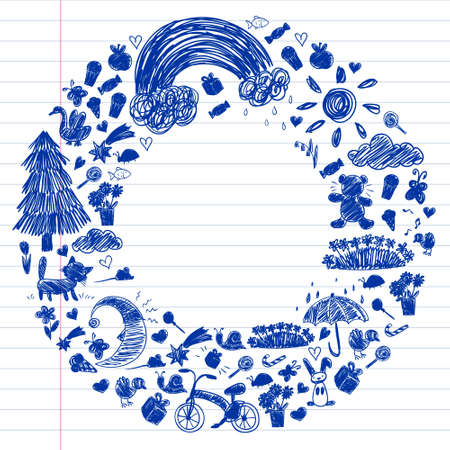 Kindergarten. Kids drawing style. Family. Mother, father, sister, brother. Boys and girls. Vector pattern.のイラスト素材