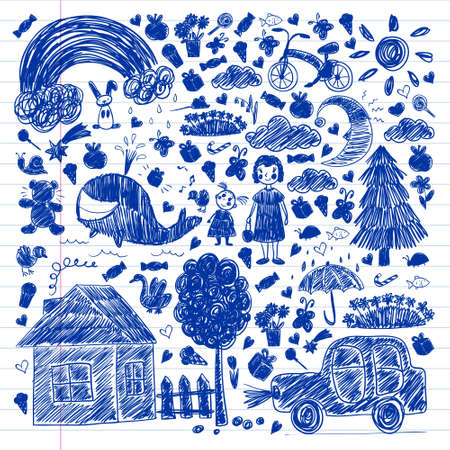 Kindergarten. Kids drawing style. Family. Mother, father, sister, brother. Boys and girls. Vector pattern.のイラスト素材