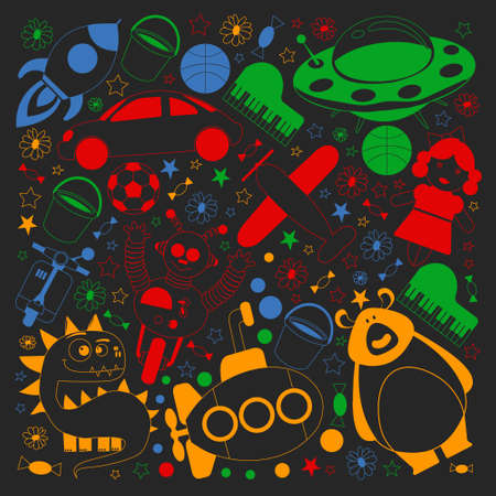 Vector pattern with toys for kids. Car, ufo, alien, airplane, teddy bear.のイラスト素材