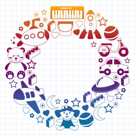 Vector pattern with the collection of toys. Doll, submarine, plane, ship. Children and kindergarten illustration.のイラスト素材