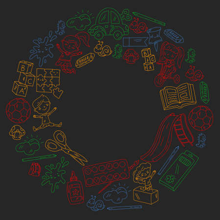 Children play with toys in the kindergarten. Kids playground. Education, creativity, imagination.のイラスト素材