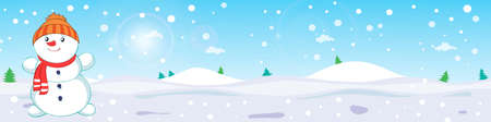 Winter landscape with a snowman with a scarf. Flat vector design illustration for leaflet and bannersのイラスト素材