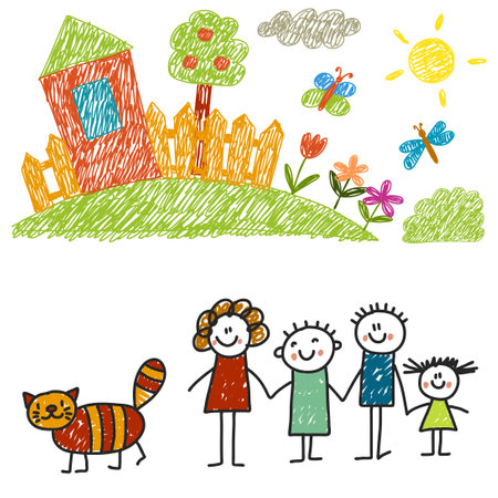 Happy family with house. Kids drawing. Kindergarten children illustration. Mother, father, sister, brother. Parents, childhood.のイラスト素材