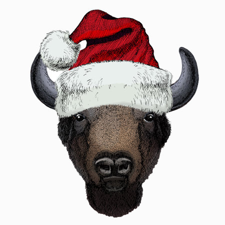 Vector bison head. Christmas red Santa Claus hat. Portrait of bull, buffalo.のイラスト素材