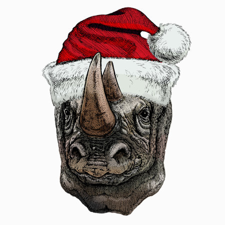 Vector portrait of rhinoceros, rhino. Christmas red Santa Claus hat. Wild african animal.のイラスト素材