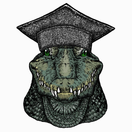 Crocodile head. Square academic cap, graduate cap, cap, mortarboard. Alligator portrait. African wild animal.の写真素材