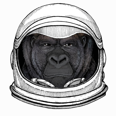 Gorilla head. Vector illustration. Wild animal portrait. Astronaut animal. Vector portrait. Cosmos and Spaceman. Space illustration about travel to the moon. Funny science hand drawn illustration.のイラスト素材