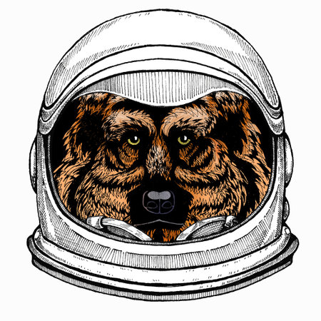 Shepherd Dog vector portrait. Dog head, face. Astronaut animal. Vector portrait. Cosmos and Spaceman. Space illustration about travel to the moon. Funny science hand drawn illustration.のイラスト素材