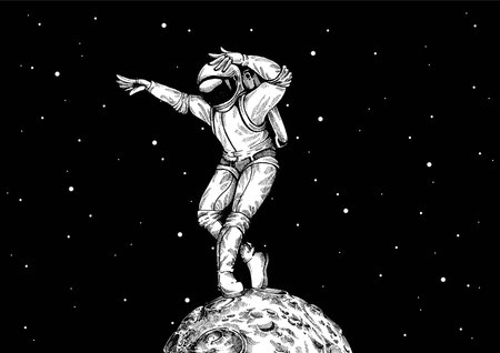 Flat design, Astronaut stand on the moon. Vector illustration. Print for t-shirt, poster, banner.のイラスト素材