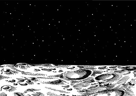 view on surface of the Moon and Earth. Handmade work.Vector illustrationのイラスト素材
