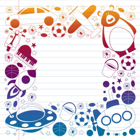 Vector pattern with toys for kids. Car, ufo, alien, airplane, teddy bear.のイラスト素材