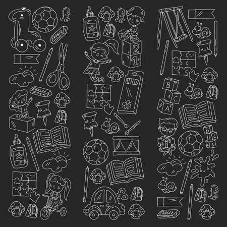 Kindergarten pattern with little children and toys. Creativity and imagination.のイラスト素材