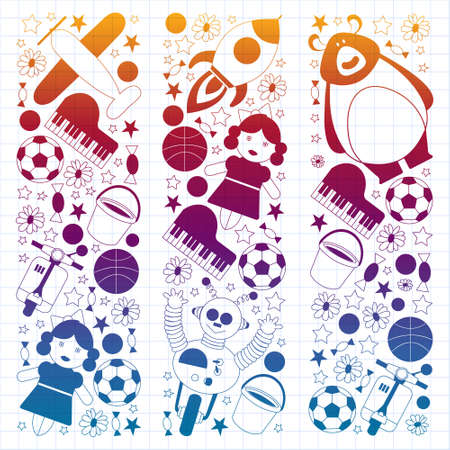 Kindergarten pattern with little children and toys. Creativity and imagination.のイラスト素材