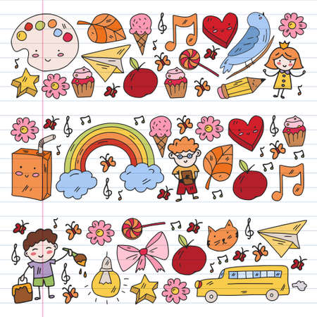 Cartoon icons with education items. Online lesson. E-learning.のイラスト素材