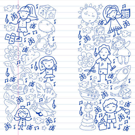 Children play with toys in the kindergarten. Kids playground. Education, creativity, imagination.のイラスト素材