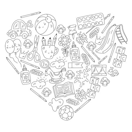 Children play with toys in the kindergarten. Kids playground. Education, creativity, imagination.のイラスト素材