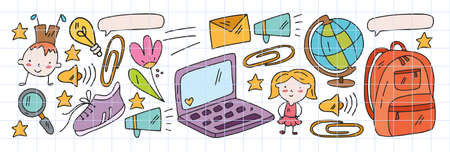 Creativity and imagination. Vector icons with school items.のイラスト素材