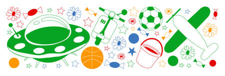 Kindergarten pattern with little children and toys. Creativity and imagination.のイラスト素材