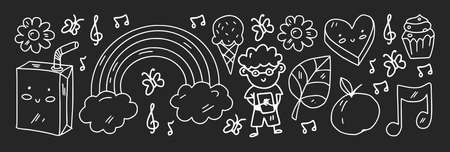 Kindergarten pattern with little children and toys. Creativity and imagination.のイラスト素材