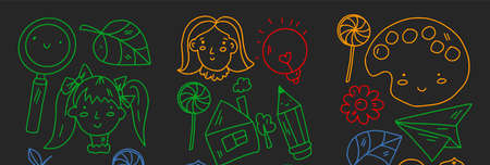 Creativity and imagination. Vector icons with school items.のイラスト素材