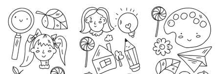 Creativity and imagination. Vector icons with school items.のイラスト素材