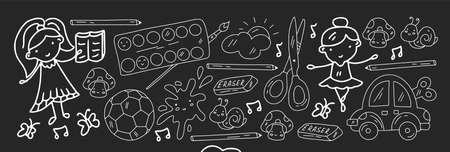 Creativity and imagination. Vector icons with school items.のイラスト素材