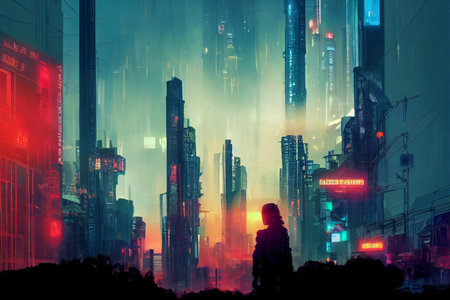 Cyberpunk streets illustration, futuristic city, dystoptic artwork at night, 4k wallpaper.