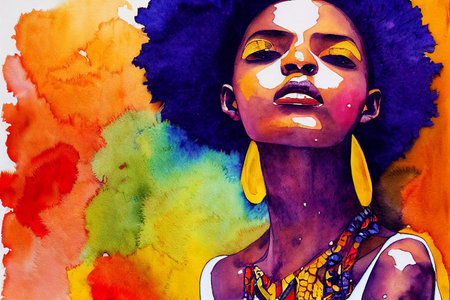 Portrait of beautiful African woman. Traditional turban, Kente head wrap African, Traditional dashiki printing, black afro women with traditional batik, ethnic illustrationの写真素材