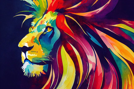 Colorful portrait. Lion. Watercolor colorful image. Digital painting.の写真素材