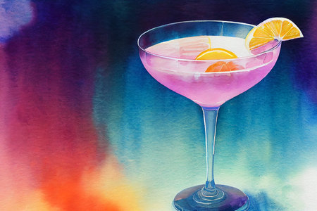 A watercolor drawing of cocktails with a watercolor splash.の写真素材