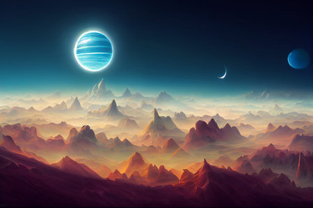 Fantastic landscape with a giant moon against the backdrop of a seascape