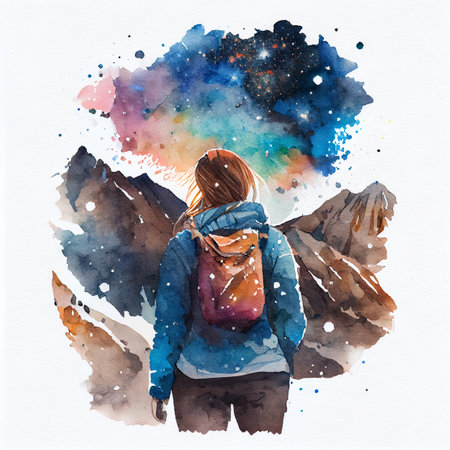 Arched Milky Way, woman and mountains at night. Silhouette of standing girl on the mountain peak, mountains in low clouds and starry sky in Nepal. Space landscape with bright milky way arch. Travelの写真素材