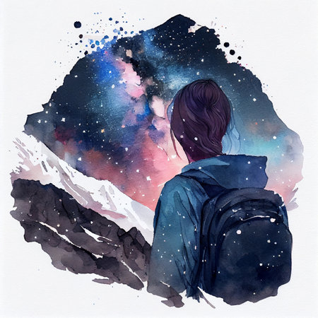 Arched Milky Way, woman and mountains at night. Silhouette of standing girl on the mountain peak, mountains in low clouds and starry sky in Nepal. Space landscape with bright milky way arch. Travelの写真素材