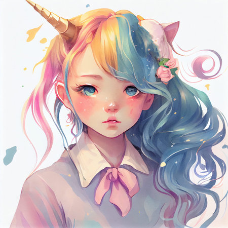 Unicorn illustration for children design. Rainbow hair. Isolated. Cute fantasy animal.
