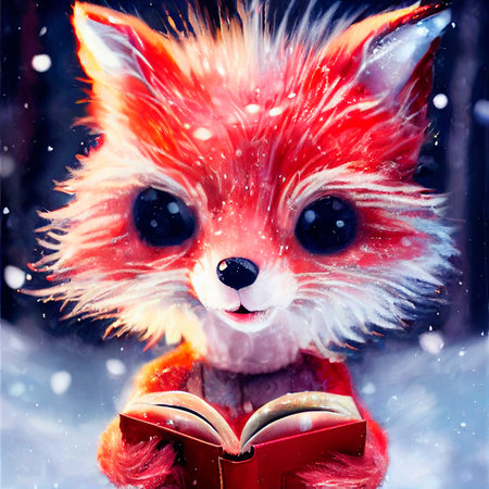 Cute fox, in winter, wrapped in a blanket with a book.