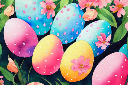 Happy Easter banner, poster, greeting card. Trendy Easter design. Watercolor background.の写真素材