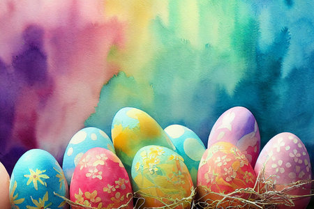 Happy Easter banner, poster, greeting card. Trendy Easter design. Watercolor background.
