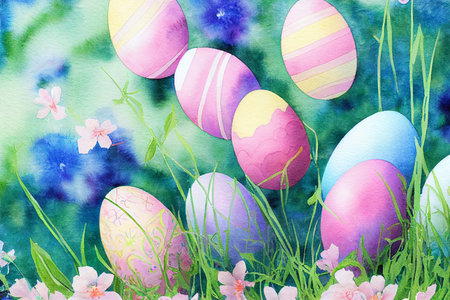 Happy Easter banner, poster, greeting card. Trendy Easter design. Watercolor background.