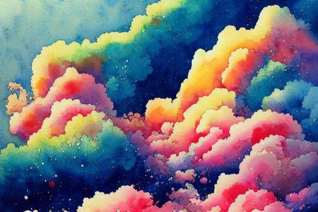 Sunset sky. Cartoon summer sunrise with pink clouds and sunshine, evening cloudy heaven panorama. Morning landscape. Beautiful cloudscape.の写真素材