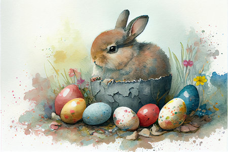 Happy Easter banner. Trendy Easter design with eggs, bunny ears, in pastel colors. Modern minimal style. Horizontal poster, greeting card, header for websiteの写真素材
