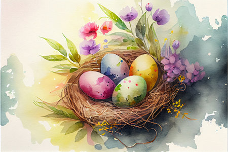 Happy Easter banner. Trendy Easter design with eggs, bunny ears, in pastel colors. Modern minimal style. Horizontal poster, greeting card, header for websiteの写真素材
