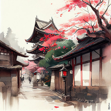 Japanese landscape. Sakura, fuki mountain, templeの写真素材