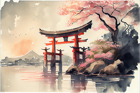Japanese landscape. Sakura, fuki mountain, templeの写真素材