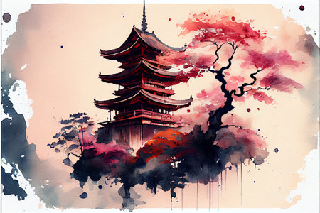 Japanese landscape. Sakura, fuki mountain, templeの写真素材