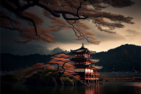 Japanese landscape. Sakura, fuki mountain, templeの写真素材