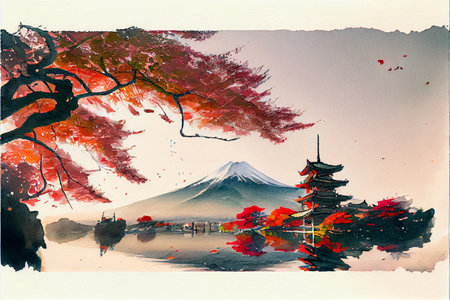 Japanese landscape. Sakura, fuki mountain, templeの写真素材